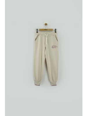 Bej Beli Lastikli Paçası Çift Ribanalı Kız Çocuk Eşofman Altı 4494B