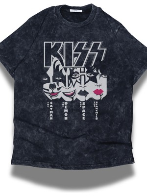 Fuddy Moda Unisex Kiss Rock Band Baskılı Yıkamalı Tişört, Oversize Rock-Metal Baskılı Vintage T-Shirt