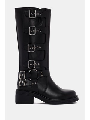 Be Style Hero Kadın Siyah Gerçek Deri Biker Çizme