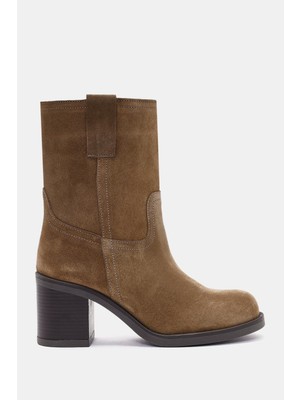Be Style Zenda Kadın Camel Gerçek Süet Deri Kalın Topuklu Bot