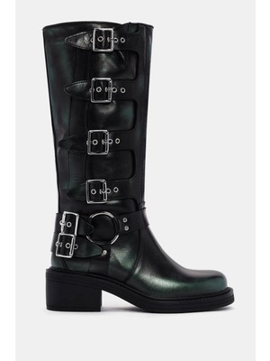 Be Style Hero Kadın Yeşil Metalik Gerçek Deri Biker Çizme