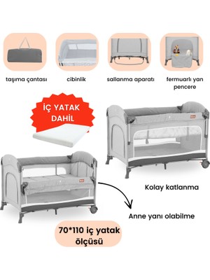 Gulz Omega Anne Yanı Sallanır Cibinlikli Oyun Parkı Park Yatak Bebek Beşik 70X110 cm + Yataklı