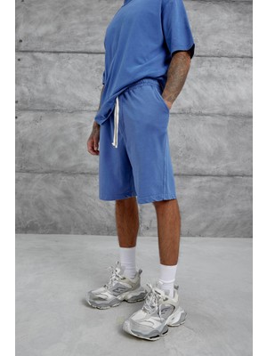 Mavi Yıkamalı Oversize Şort