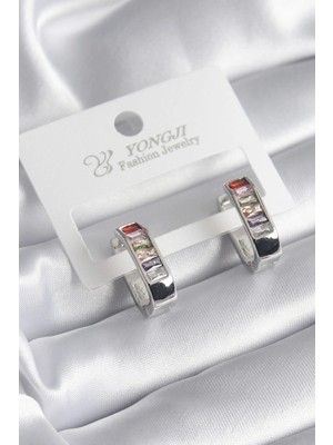 Pirinç Gümüş Renk Renkli Zirkon Taşlı Kadın Küpe