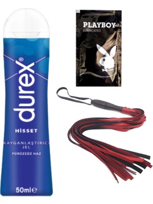 Durex Pürüzsüz HISSET50 ml Jel + Kırmızı Püsküllü Deri Kırbaç + Ply Jel