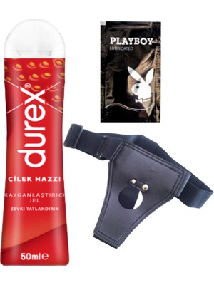 Durex Çilek 50 ml Jel + Siyah Deri Strap-On Kemeri + Ply Jel