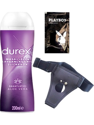Durex Aloe Vera 2in1 Masaj & Kayganlaştırıcılı Jel + Siyah Deri Strap-On Kemeri + Ply Jel