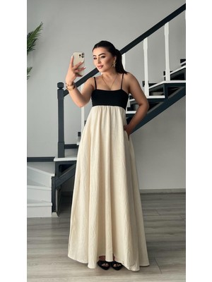 Natural Patchwork Maxi Keten Elbise