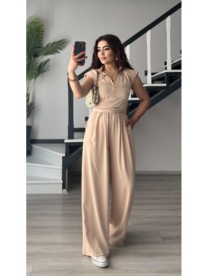 Bej Vatkalı Bluz-Pantolon Takım