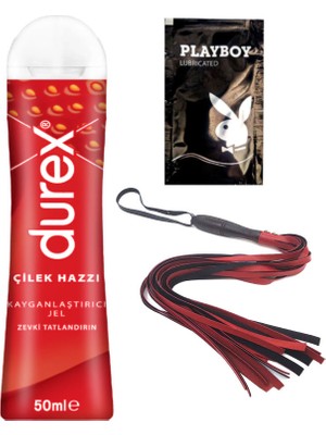 Durex Çilek 50 ml Jel + Kırmızı Püsküllü Deri Kırbaç + Ply Jel