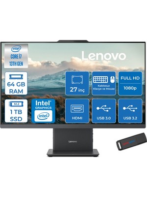 Lenovo Ideacentre Aıo 27IRH9 Intel Core I7-13620H 64GB Ddr5 1tb SSD 27'' Fhd 300NITS IPS Freedos Allınone Bilgisayar LF0HM00EUTRF28+ZETTAUSBBELLEK
