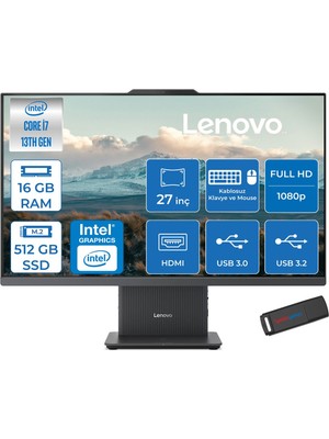 Lenovo Ideacentre Aıo 27IRH9 Intel Core I7-13620H 16GB Ddr5 512GB SSD 27'' Fhd 300NITS IPS Freedos Allınone Bilgisayar LF0HM00EUTRF02+ZETTAUSBBELLEK