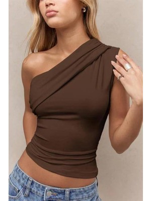 Kadın Tek Omuz Açık ve Yanı Büzgülü Crop-Bluz