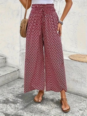 Rengastyle Kadın Yüksek Bel Lastikli Desenli Bürümcük Kumaş Pantolon