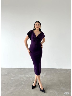 Rengastyle Kadın Kemerli Inci Detay Dalgıç Kumaş Abiye Elbise (Renkli)