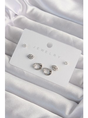 Pirinç Gümüş Renk Zirkon Taşlı Yaprak Model Küpe Seti