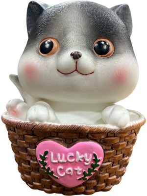 Eren Pastoral Tarz Polyester Sepet Içinde Sevimli Gri Kedi Kumbara – Dekoratif & Fonksiyonel 
(En:12cm Boy:18 cm Der: 9,5 cm)