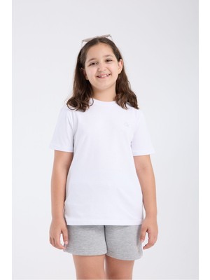 Kız Çocuk Regular Fit Yarım Kollu T-Shirt Beyaz %100 Pamuk