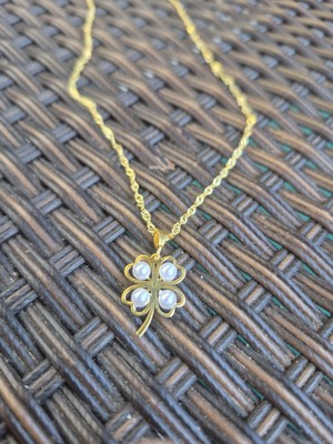 925 Ayar Papatya Silver Incili Yonca Kolye<rose,gold,rodaj>
