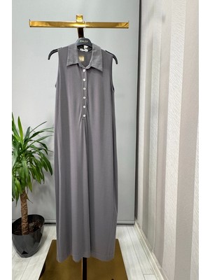 Miss Dalida Gömlek Yaka Düğmeli Kolsuz Elbise Antrasit T25Y-4029