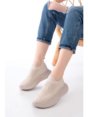 DM-707  Bej Fileli Faillant Taban Taş Aksesuarlı Günlük Spor Ayakkabı