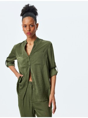 Koton Uzun Kollu Cepli Hakim Yaka Saten Gömlek