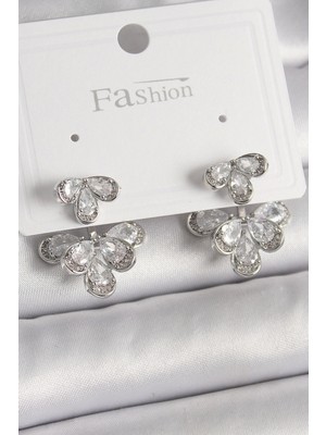 Pirinç Gümüş Renk Zirkon Taşlı Damla Model Kadın Küpe