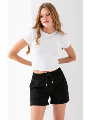 Kadın Beli Ayarlanabilir Çift Cepli Basic Şort Siyah - 10038