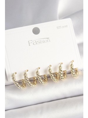 925 Ayar Gümüş Çivi Pirinç Gold Renk Sarmal Halka Model Kadın Küpe Seti