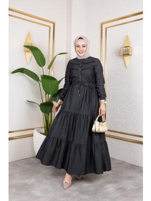 Kadın Belden Sıkmalı Fır Fırlı Kot Elbise