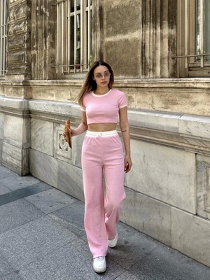 Crop Pantolon Biyeli Takım Pembe