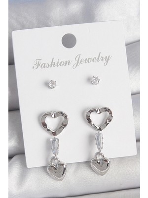 Pirinç Gümüş Renk Zirkon Taş Detaylı Sallantı Model 2 Çift Kadın Küpe Seti