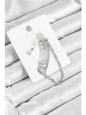 Pirinç Ok Figürlü Zirkon Taşlı Gümüş Renk 3'lü Kıkırdak Kadın Küpe Set