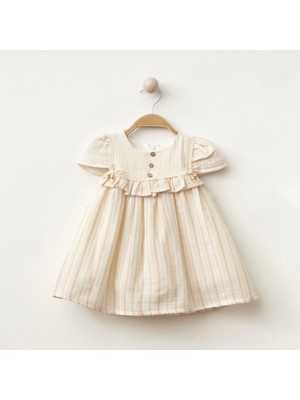Sim Detaylı Düğmeli Kız Bebe Elbise