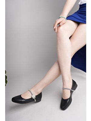 Nesil Shoes Swell 20820 Siyah Tokası Taşlı Kadın Babet