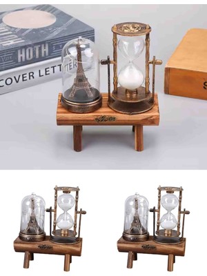 Fanus Içinde Eyfel Kulesi Kum Saati Led'li Retro Metal Tower Biblo Ahşap Ayaklı Dekoratif Hediyelik Masaüstü Aksesuar Özel Seri