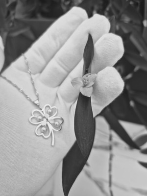 925 Ayar Papatya Silver Inci Yonca Kolye<rose,gold,rodaj>