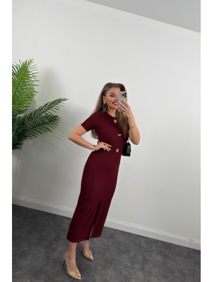 Kadın Ottoman Kumaş Likralı Düğme Tasarımlı Kısa Kol Kalem Elbise