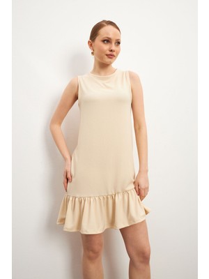 Kadın Bej Bisiklet Yaka Kolsuz Krinkıl Elbise