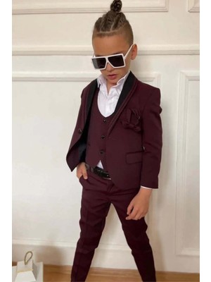 Erkek Çocuk Yakası Şerit Detaylı Cepken Yelekli Blazer Ceketli Bordo Takım Elbise