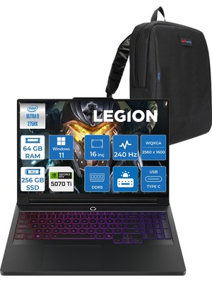 Lenovo Legion Pro 7 Intel Core Ultra 9 275HX 64GB Ddr5 256GB SSD Windows 11 Home 12GB RTX5070TI 140W 16" Wqxga (2560X1600) OLED 500NITS 240HZ Taşınabilir Bilgisayar 83F5004QTRH36 + Zetta Çanta