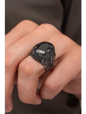 Oval Siyah Taşlı 925 Erkek Gümüş Yüzük
