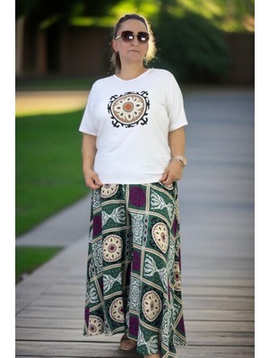 Beli Lastikli Geniş Kesim Pamuklu Viskon Pantolon Etek Penye Bluz Ikili Takım