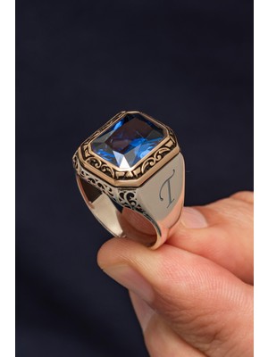 Lacivert Kare Zirkon Taşlı Harfli 925 Erkek Gümüş Yüzük