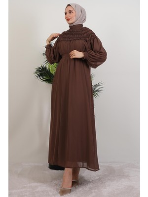 Giza Store Gipe Detay Şifon Elbise Kahve