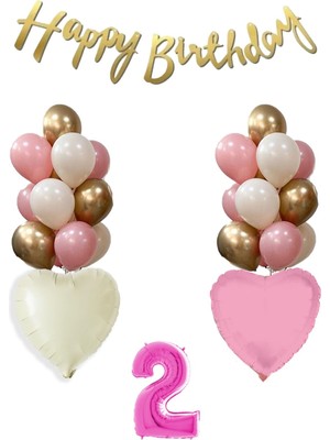 2 Yaş Pembe Kız Çocuk Doğum Günü Konsepti Balon Seti 16INÇ Pembe Rakam Happy Birthday Bannerlı Set