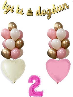2 Yaş Pembe Doğum Günü Balon Seti 16INÇ Pembe Rakam Iyi Ki Doğdun Bannerlı Set
