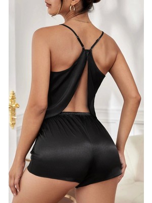 Marsilyan- Kadın Siyah Asimetrik Sırt Dekolte Detaylı Şık Şortlu Gecelik Takım