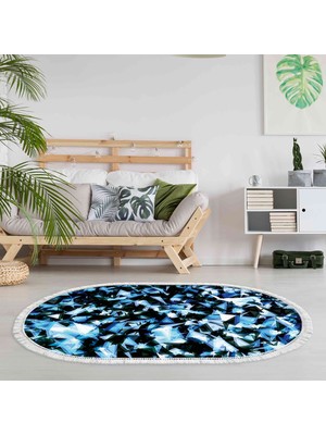 Alanur Home Kaymaz Dijital Mutfak & Salon Halı Trend Saçaklı Oval Geometrik E5012 Mavi
