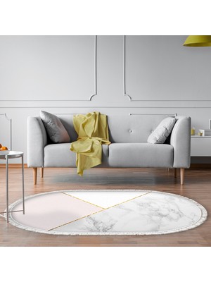 Alanur Home Kaymaz Dijital Mutfak & Salon Halı Yıldız Deri Saçaklı Oval Geometrik E5008 Beyaz
